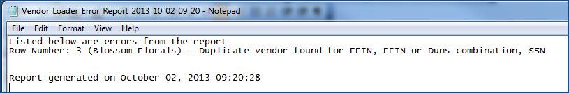 Vendor Loader Error Report